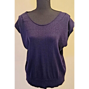 White House Black Market Whbm Navy/Silver Shimmer Round Neck Short SleeveTop XL